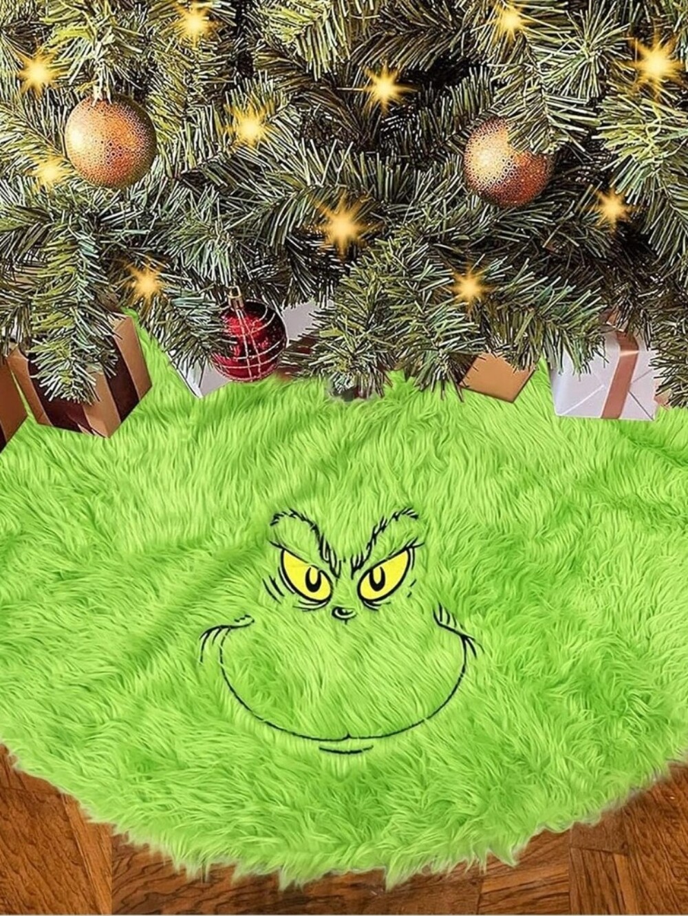 Green Grinch Faux Fur Tree Skirt, EUC